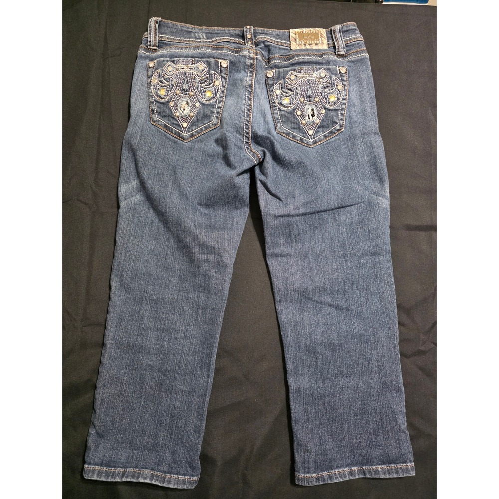 LA Idol Women 9 Blue Capri Jeans Rhinestone Studded Embellished Distressed Y2K